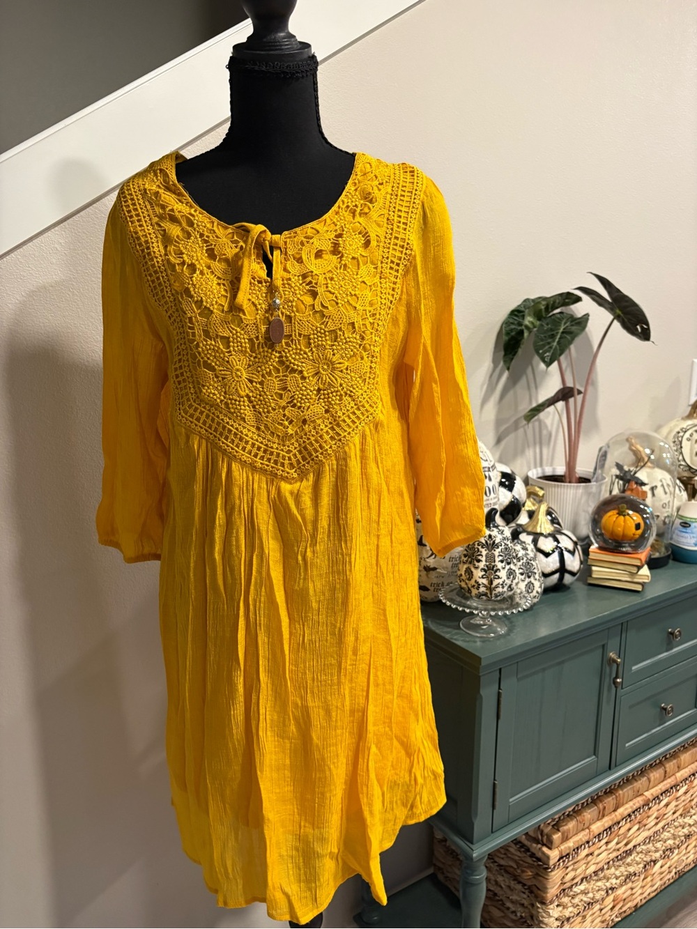 Yellow Crochet-Yoke Long Sleeve Women's Dress